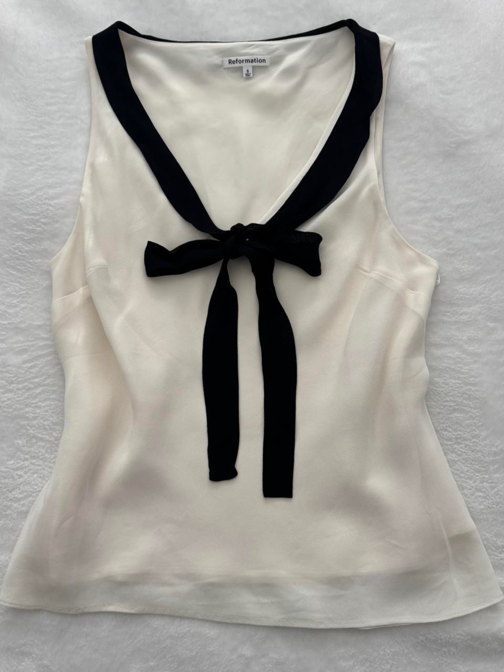 Reformation Ivory Sleeveless Bow Tie Tank with Black Trim
